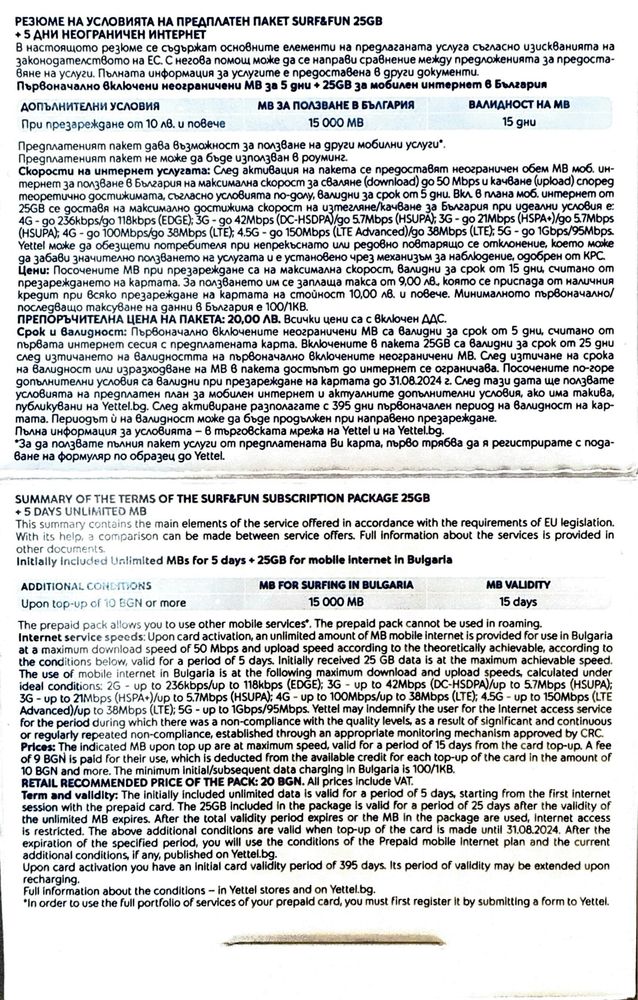 Интернет Yettel сим карта неограничен интернет за таблет Глобул 25 GB