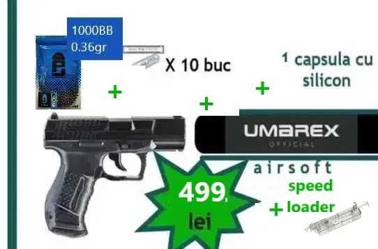 Airsoft pachet complet Walther P99 DAO CO2 pistol 4.5 Joules 499lei