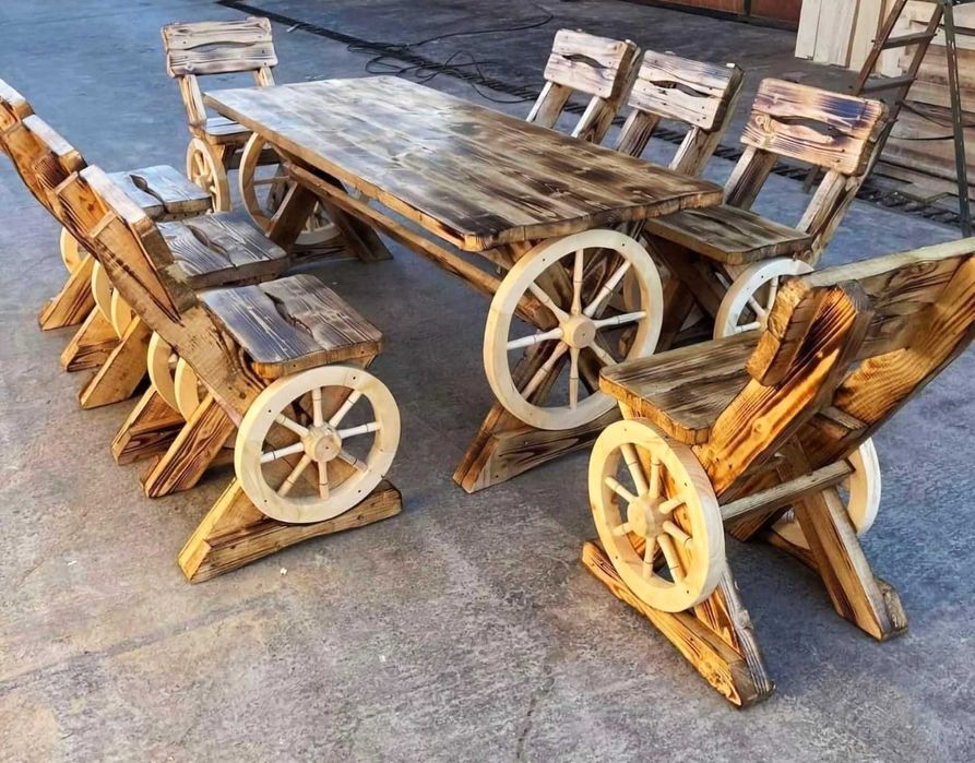 Set mobilier rustic din lemn masiv – masă + bănci/scaune