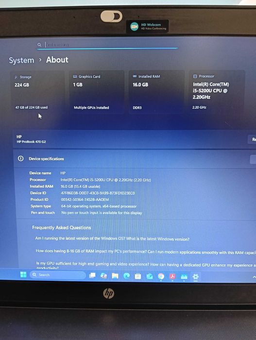 Vand Laptop HP ProBook, i5, 17.3inch Display,  16Gb DDR3, 240 Gb SSD
