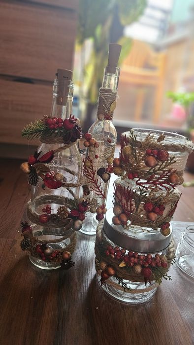 Коледни светещи бутилки и свещници- ръчна изработка.
