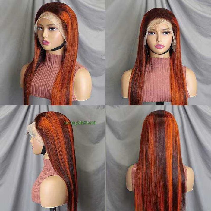 60 см естествена перука с оранжеви кичури