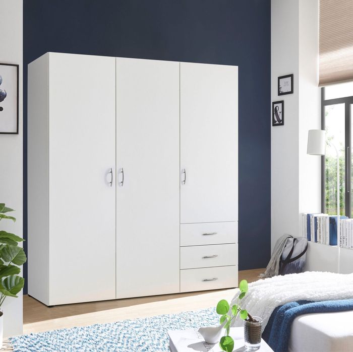 Dulap dormitor Harry, 150x176 cm, alb, 3 uși rotative, 3 sertare
