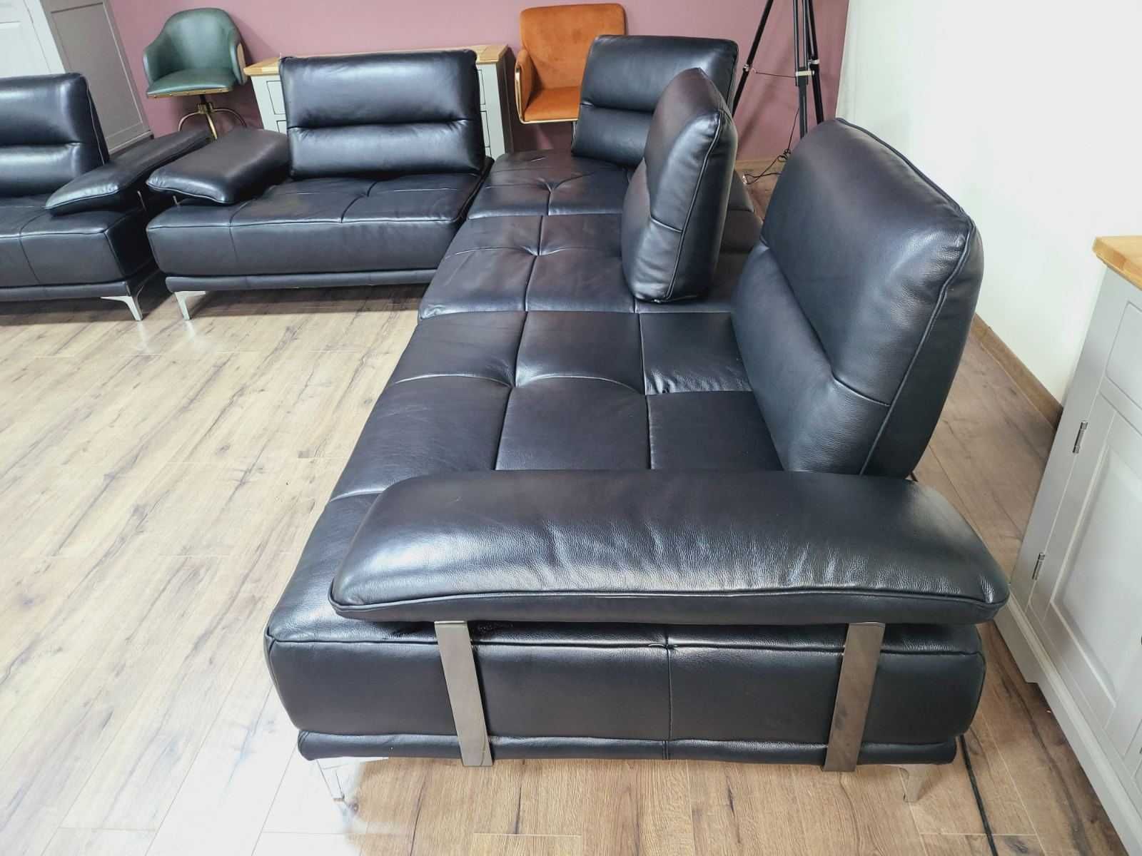 Черен кожен ъглов диван и фотьойл Artemis с електрически облегалки