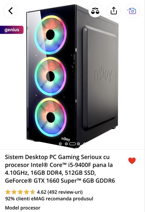 Sistem Gaming i5 9400F, 16 gb ram, 512+1000 ssd, gtx 1660 super 6gb