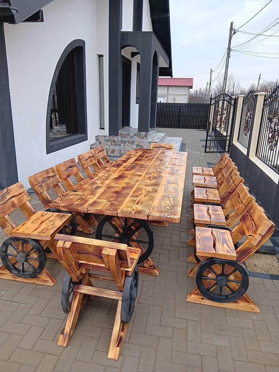 Set masa cu băncuțe scaune lemn terasă foișor rustic