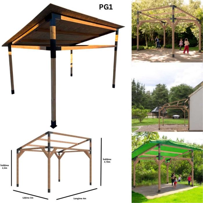 Foisor pergola de gradina+kit metalic inclus, + lemn rindeluit