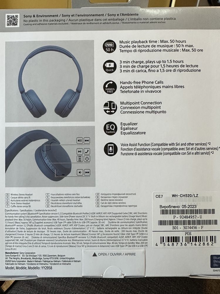 Casti On-Ear Sony WH-CH520L, Wireless, Bluetooth, Microfon, Albastru