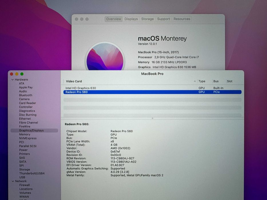 15 Apple MacBook Pro Mid 2017 16GB RAM/512GB SSD/Radeon 560 4GB/Бат 6ч