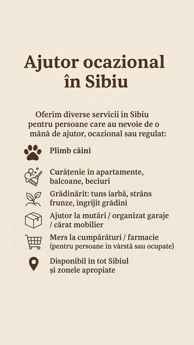 Ajutor ocazional în Sibiu – plimb câini, grădinărit, curățenie.