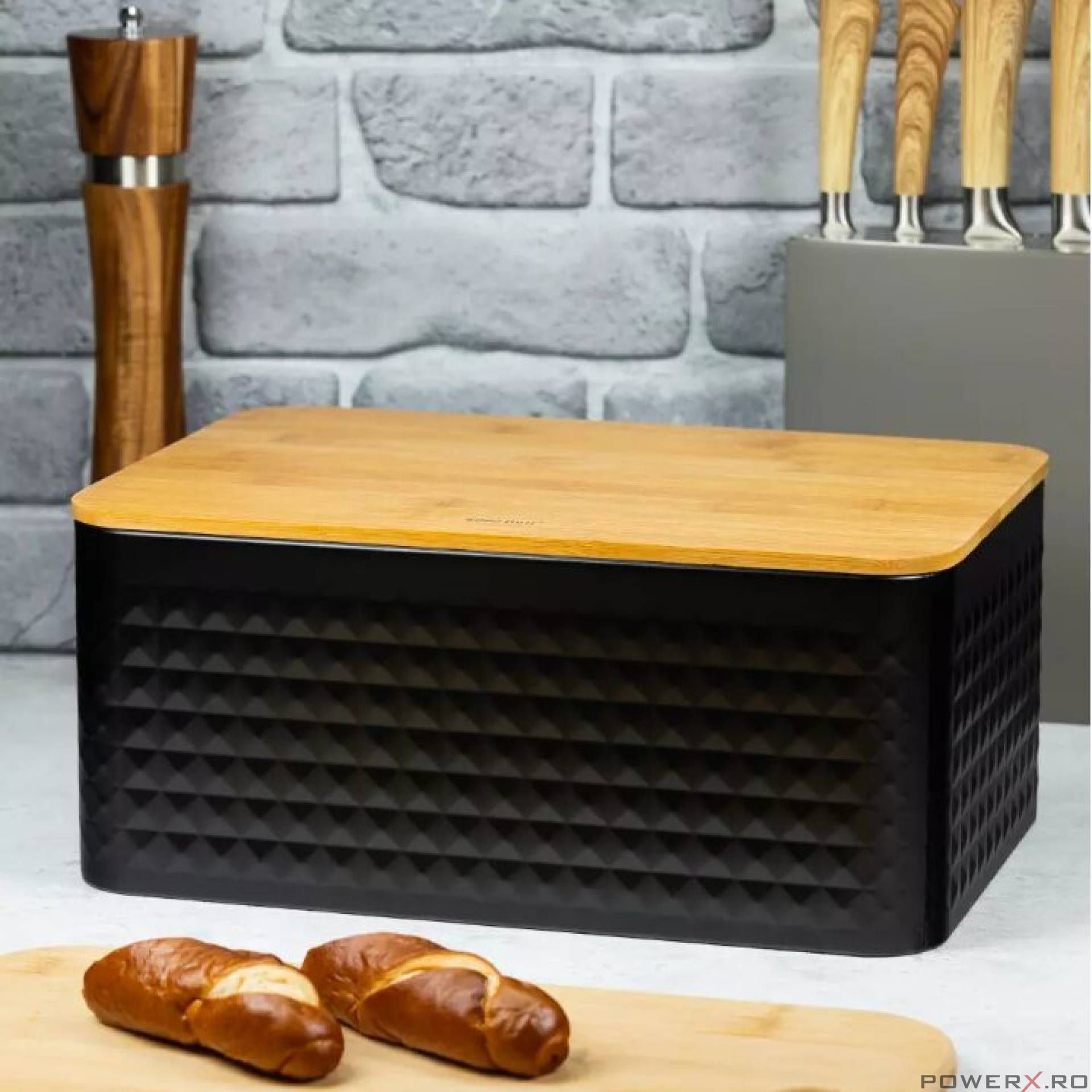 Cutie pentru paine, din otel-bambus, 35,5 x 23 x 15, 5 cm, neagra,