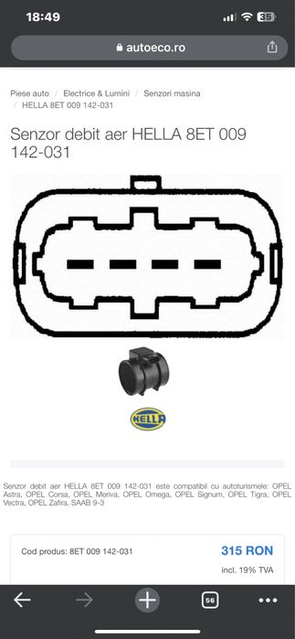 Senzor debit aer-astra g h Vectra Corsa zafira Saab