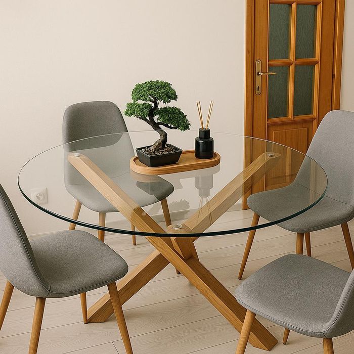 Masă sticlă cu picioare din lemn de stejar.