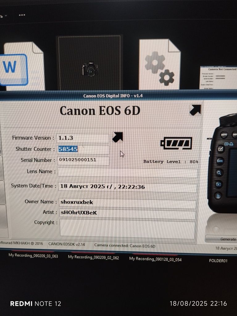 Conon eos 6d  bodu sotiladi holadi yaqshi zor1ta batariya zariyatn