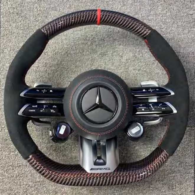 Mercedes AMG спортен волан – Carbon & Алкантара с червен маркер 18–22