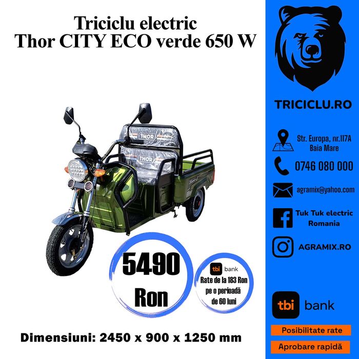 Triciclu tuk-tuk electric Green Army Agramix Thor Blue Sky City Eco 2