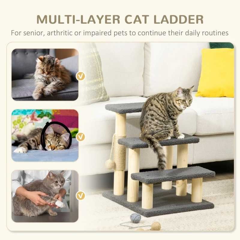 PawHut 48 см тристепенно котешко дърво, с играчка топка