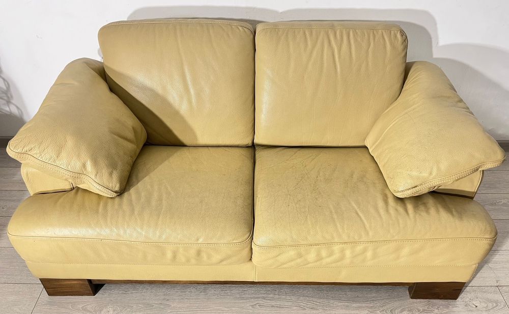 Canapea 2 Locuri din Piele Naturală, Bază din Lemn Masiv