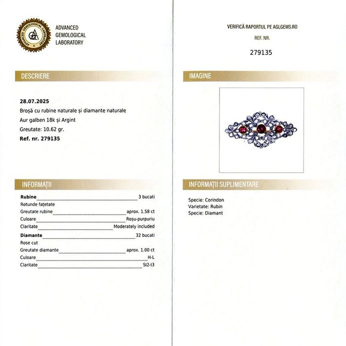 brosa antique cca 1900, aur 18k, rubine, diamante, certif.