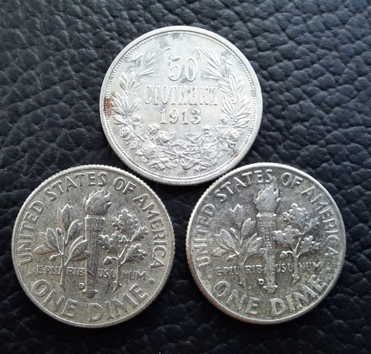 Стари сребърни монети даймове 1964 г.  САЩ  и 50 ст. 1913 г. БГ - топ