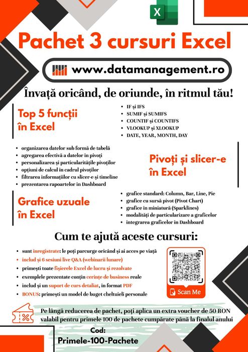 Pachet 3 cursuri Excel înregistrate cu acces la 6 webinarii live Q&A