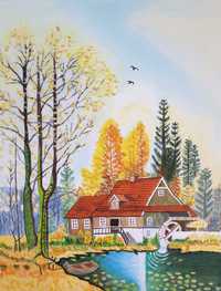 Къща край езерото-нарисувана върху платно