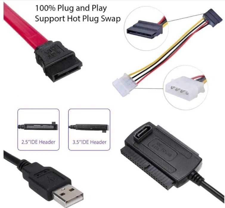 USB Кабел за връзка към диск 2.5"/3.5" SATA/IDE HDD/DVD/SSD + Гаранция