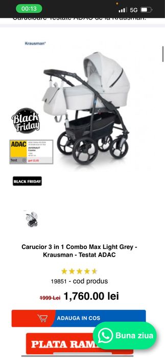 Vand carucior 3 in 1 combo Max Light Grey - Krausman