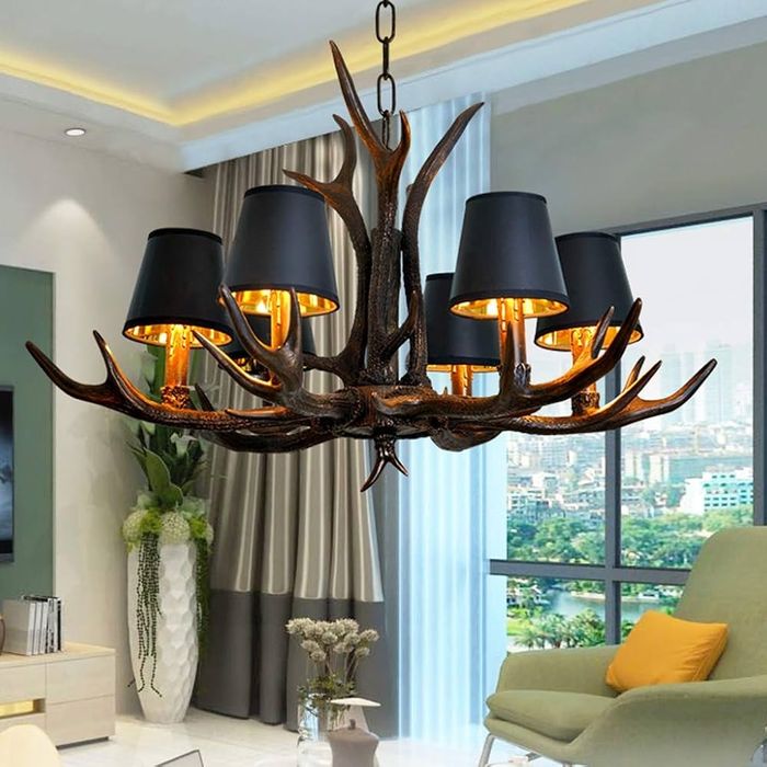 Полилей еленов рог(смола)черен и 6 абажура, 6×Е14