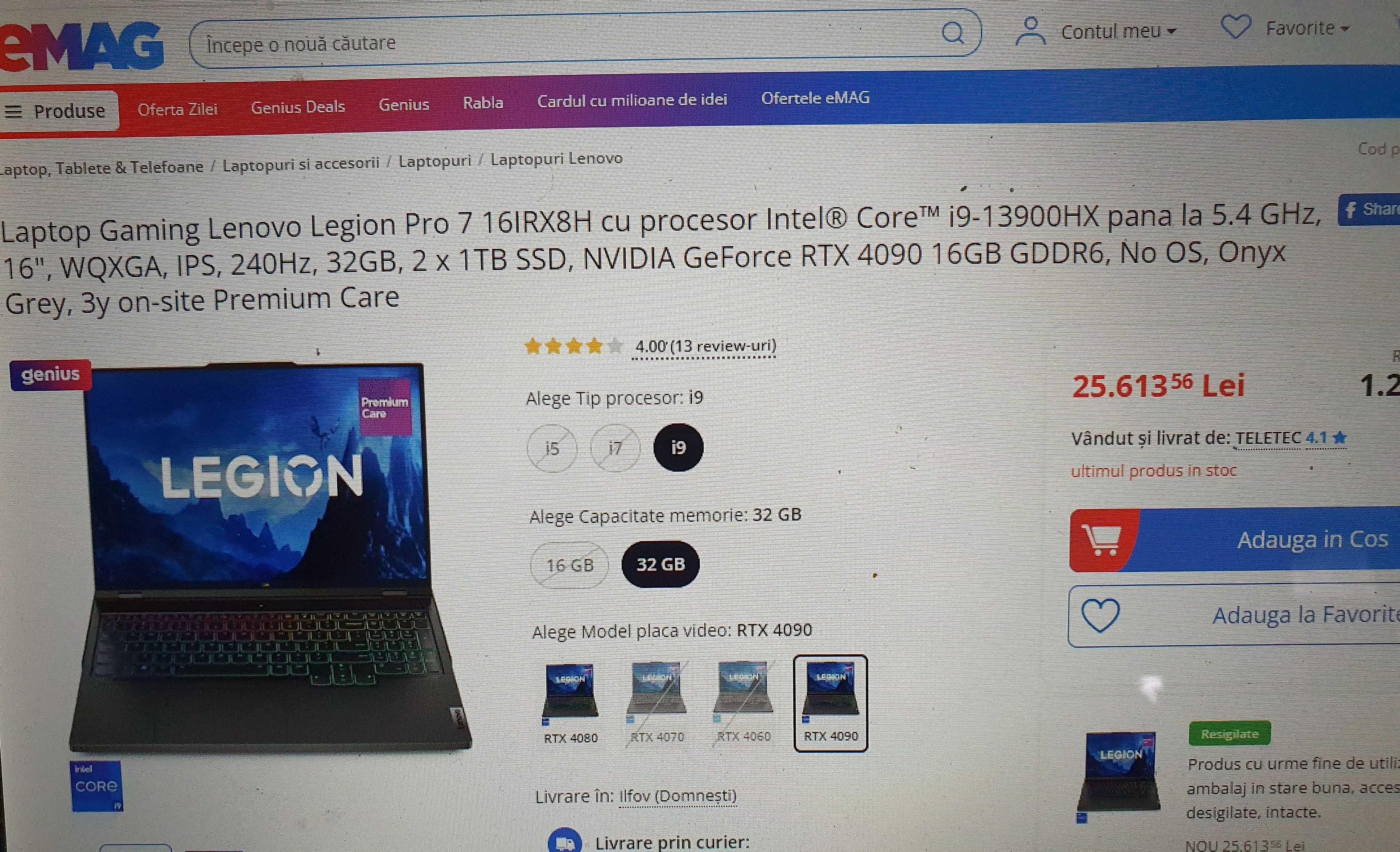 Laptop Gaming Lenovo Legion PRO 7 NOU i9-13900HX 32GB, RTX 4090 16GB