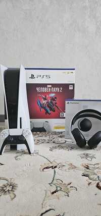 PlayStation 5 с игрой джойстиком и наушниками