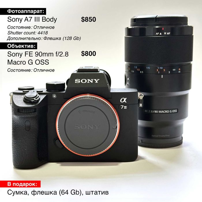 Фотоаппарат Sony A7 III Body и объектив Sony FE 90mm f/2.8 Macro G OSS