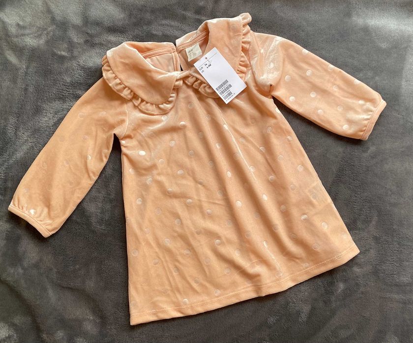 Плюшена рокля H&M, цвят праскова/светъл корал, 74-80 см