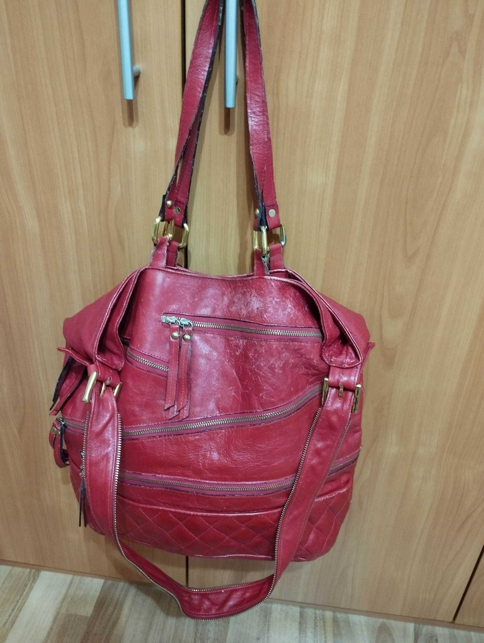 Голяма червена дамска чанта естествена кожа