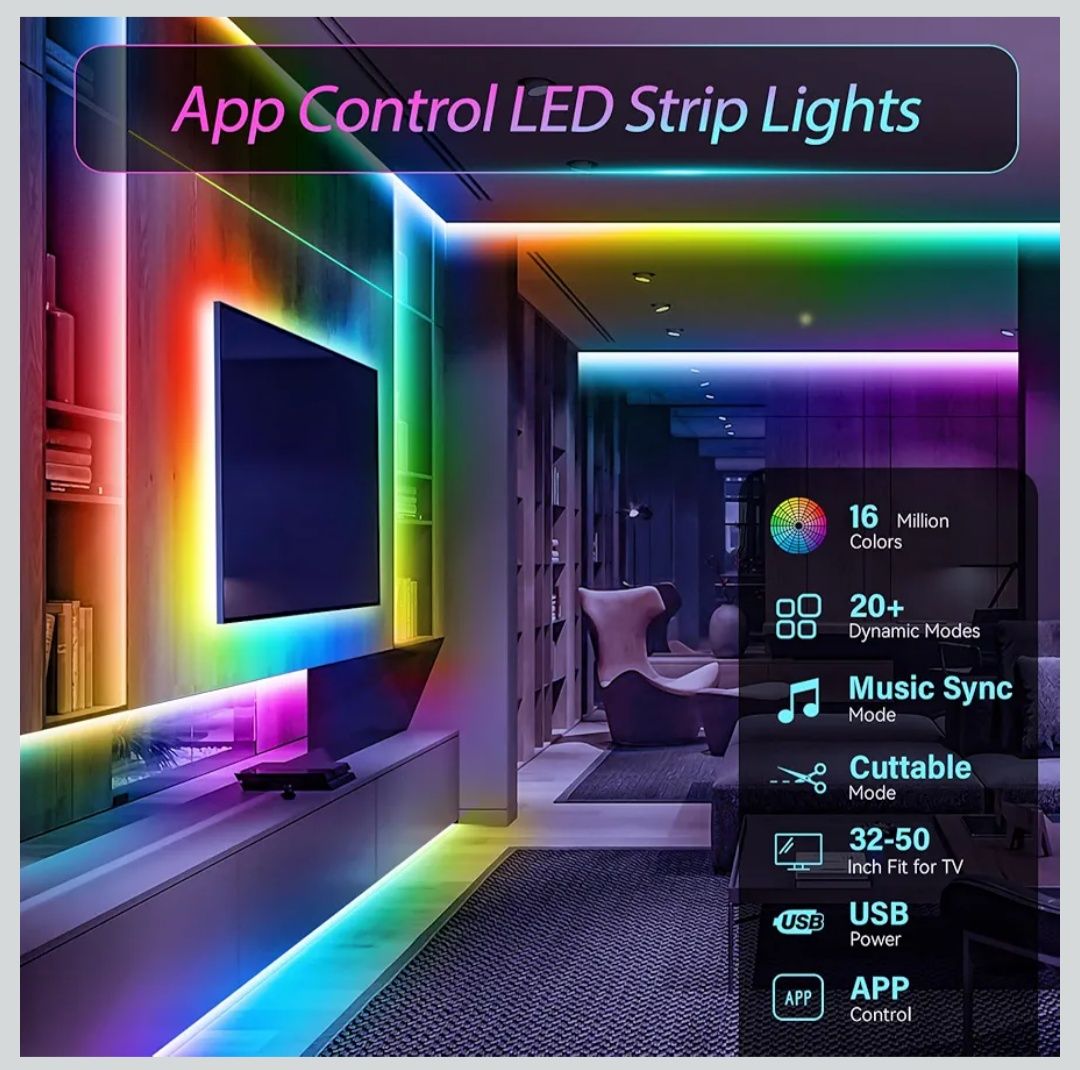Bandă LED RGB 5m cu Bluetooth, Control prin Aplicație și Telecomandă –