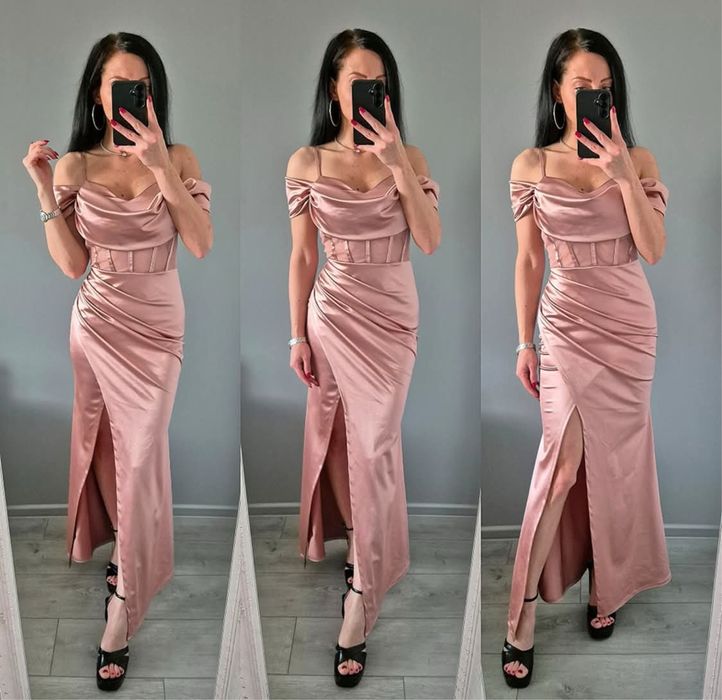 Нова дълга розова рокля, цепка, гол гръб, бал, повод, коктейл, сватба