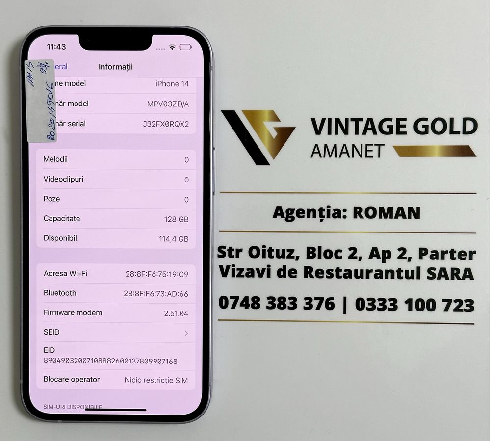 Iphone 14 Purple 128 GB Baterie 97% Amanet Vintagegold Roman