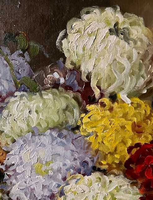 CONSTION-”Crizanteme” Tablou AUTENTIC, Vechi, ul/pză/cart, 70x50cm+ram