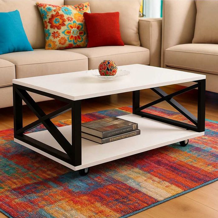 Masuta de cafea moderna, cu blat melaminat alb si cadru metalic