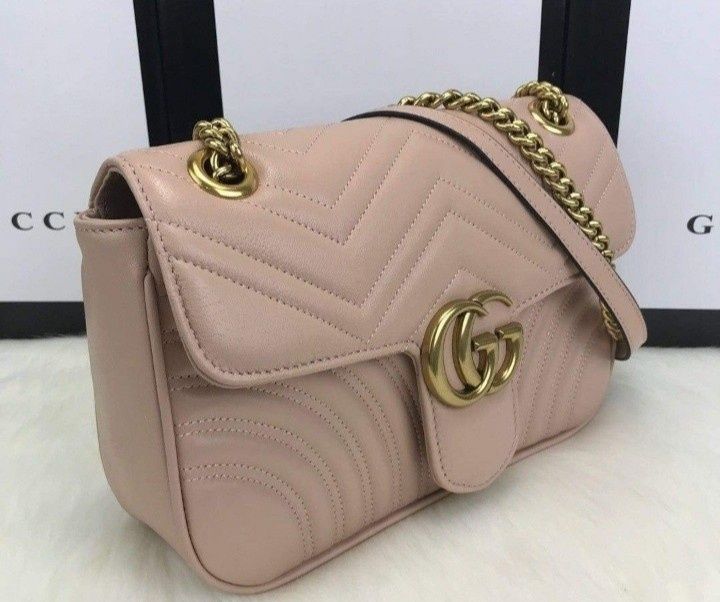 Geanta damă,logo roz pudra, model Marmont, logo metalic auriu, saculet