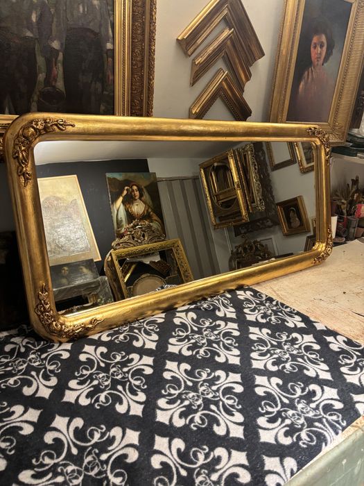 Oglindă lemn sculptat aurită schlagmetal, restaurată 120×50 cm