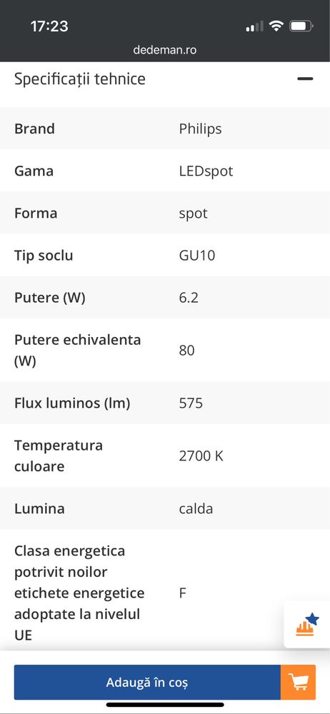 Bec LED Philips spot GU10 6.2W 575lm lumina calda 2700 K, dimabil