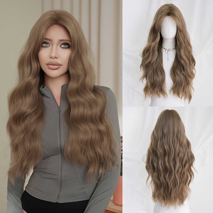 Тъмно руса вълнобразна перука с дълъг бретон на път