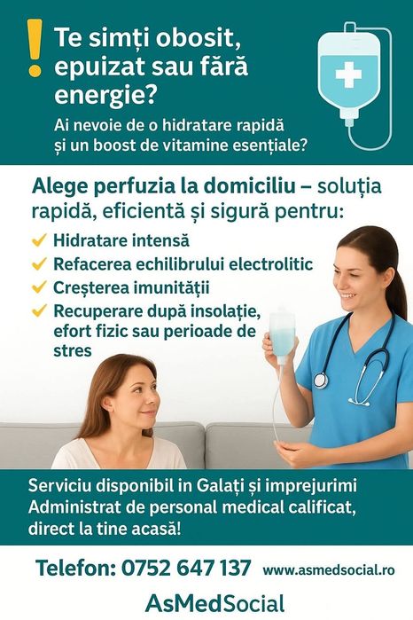 Îngrijiri medicale la domiciliu'perfuzii'injectii'pansamente escare.