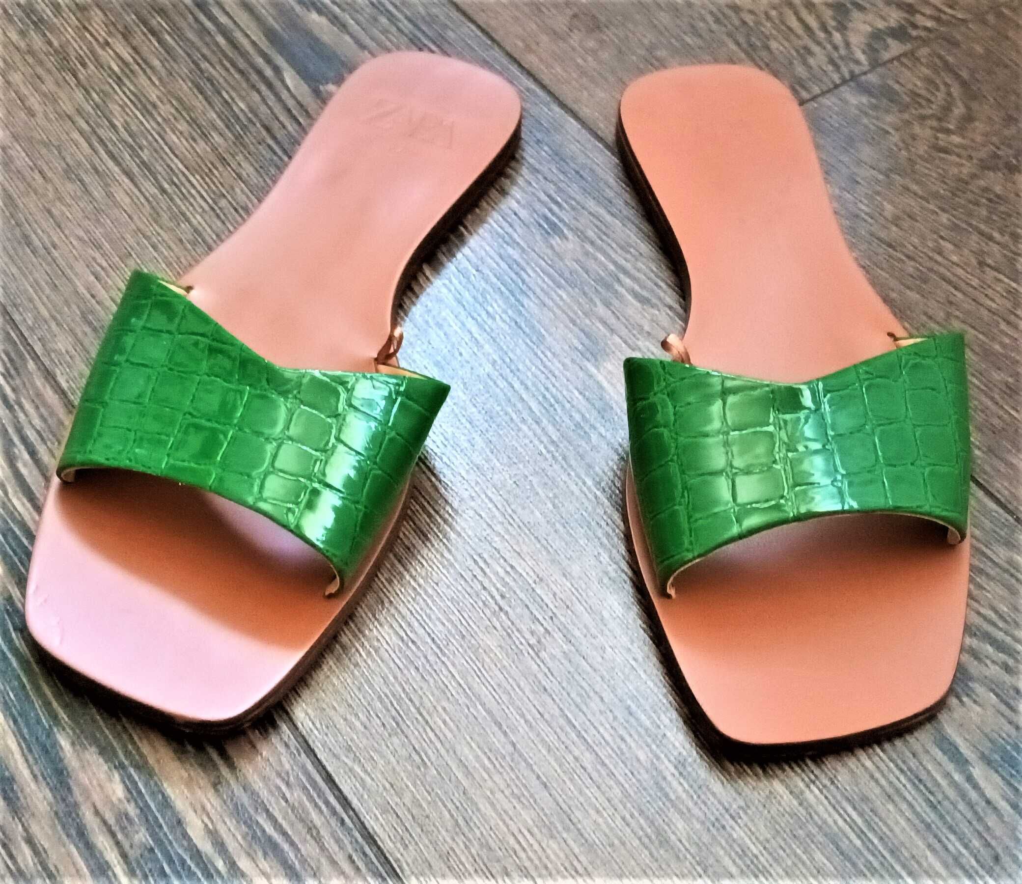 ZARA Sandale Flip Flop, papuci piele, maro cu verde