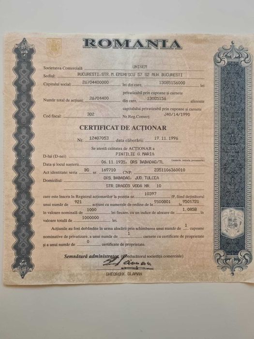 2 certificate de actionar unisem+2 carnete cert.proprietate