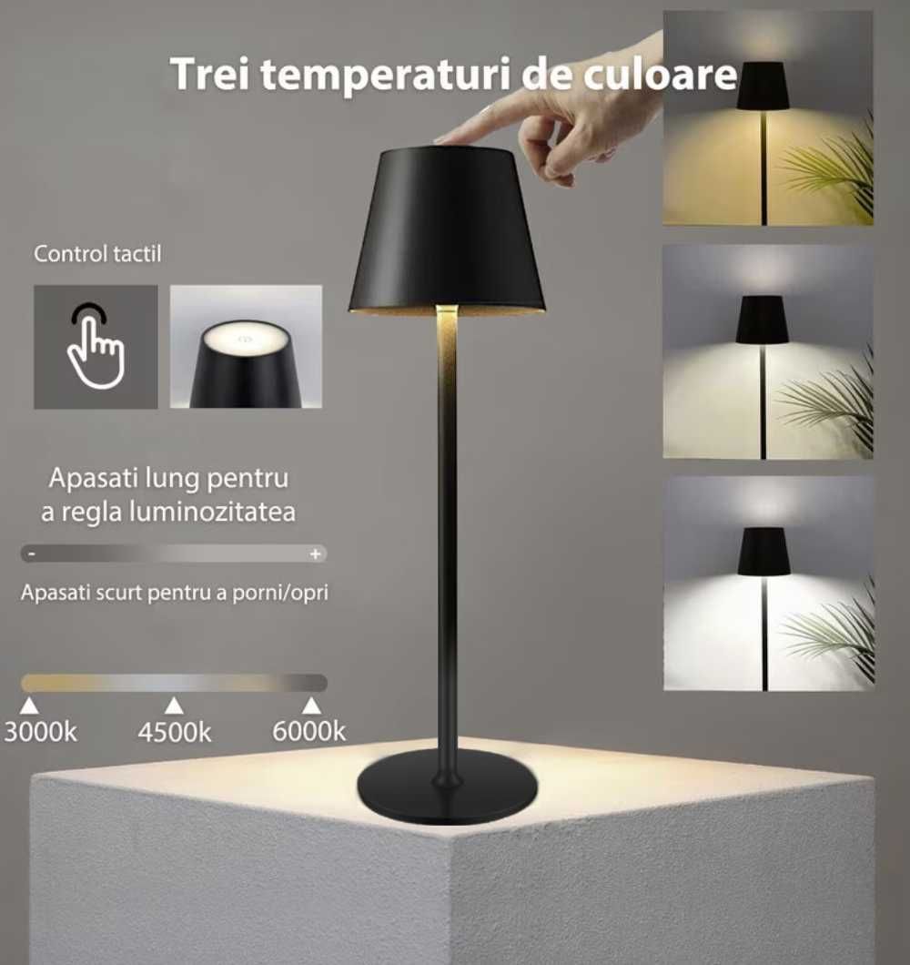 Veioza / Lampa Metalica de birou LED reîncărcabilă, 10h autonom, touch