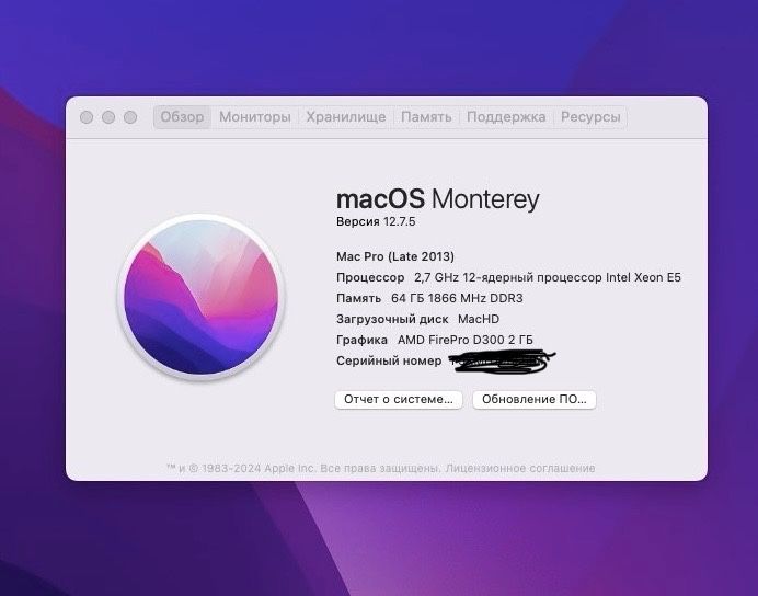 Mac Pro 6.1 - 12 ядерный процессор Xeon E5 , 64 gb озу 1866, ssd 1 tb,