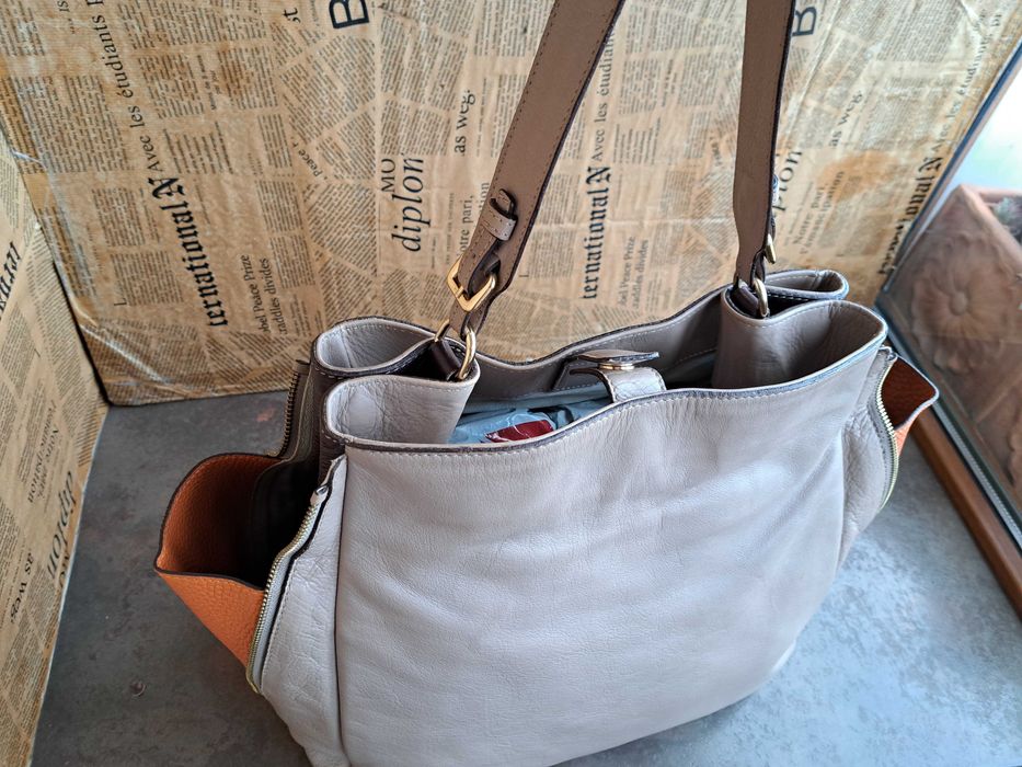 дамска чанта,Jil Sander,бежова,кожена торба-естествена кожа