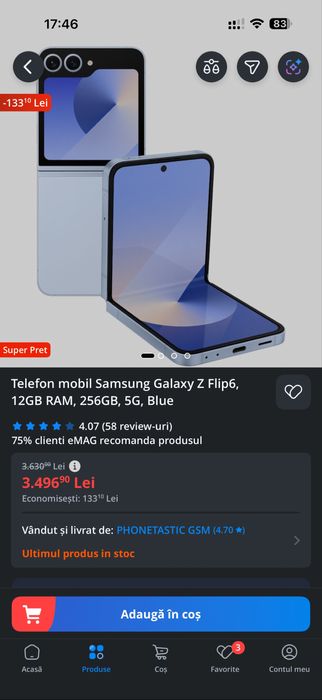 Samsung Galaxy Z Flip 6 Albastru 10/10 Garantie 12GB Ram